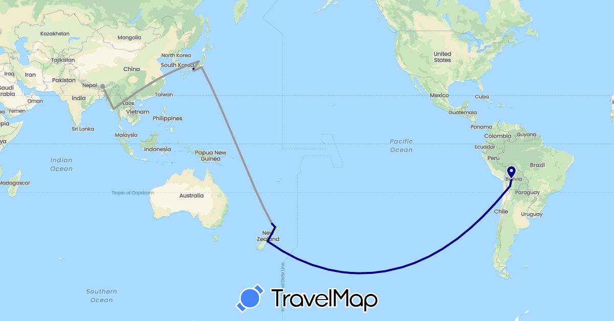 TravelMap itinerary: driving, plane in Bolivia, Bhutan, Japan, Myanmar (Burma), New Zealand (Asia, Oceania, South America)